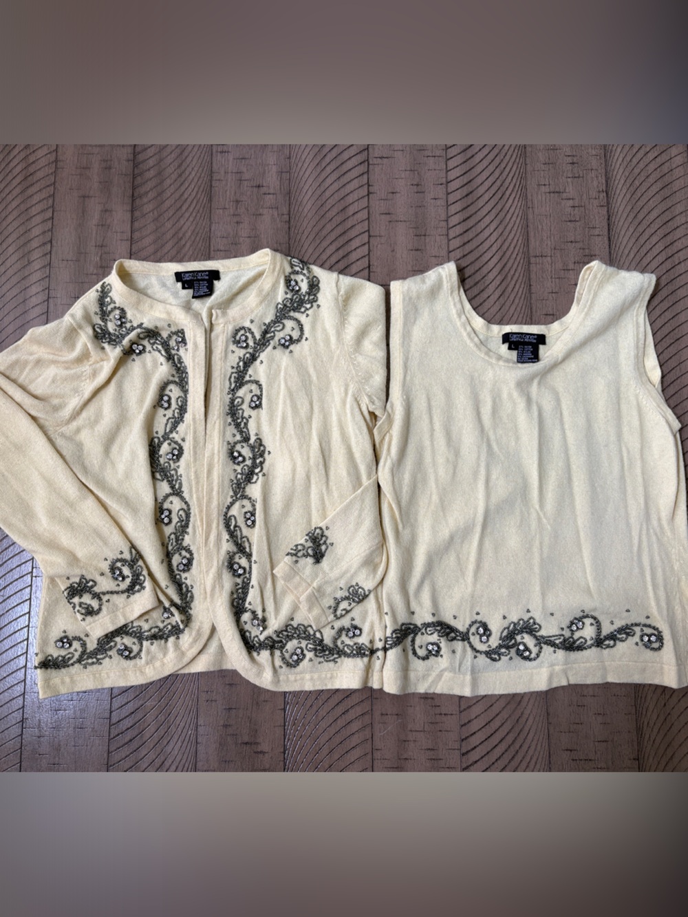 Karen Kane Cream Embellished Knit Cardigan & Shell Set